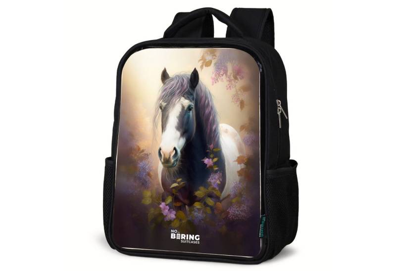NoBoringSuitcases.com© Rucksack Pferd - Blüten - Lila, Kinderrucksack Schwarz, Schulrucksack, Freizeitrucksack Jungen Mädchen von NoBoringSuitcases.com©