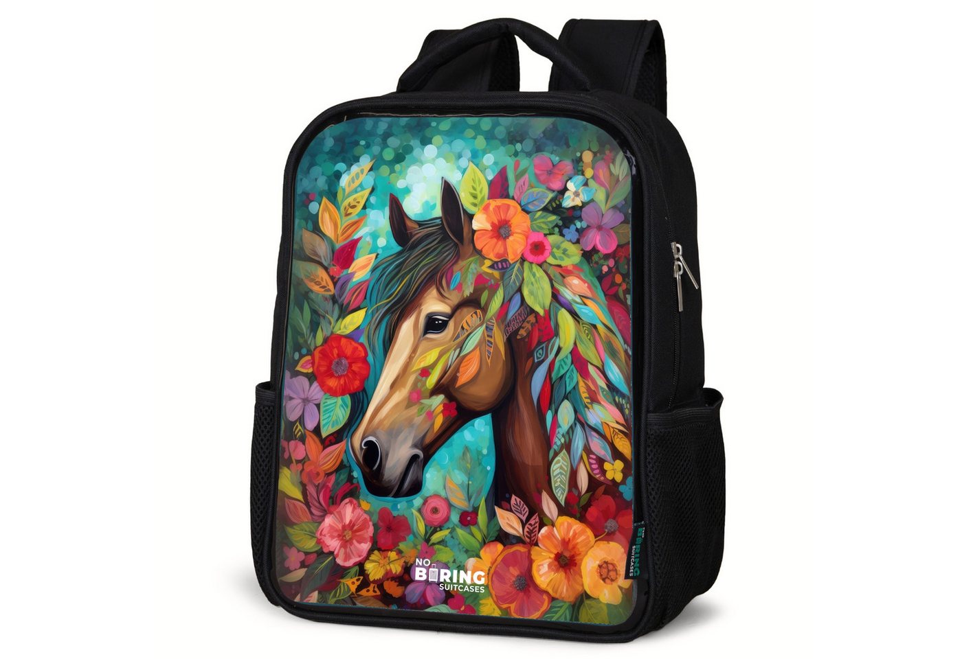 NoBoringSuitcases.com© Rucksack Pferd - Blumen - Blätter - Farbexplosion, Kinderrucksack Schwarz, Schulrucksack, Freizeitrucksack Jungen Mädchen von NoBoringSuitcases.com©