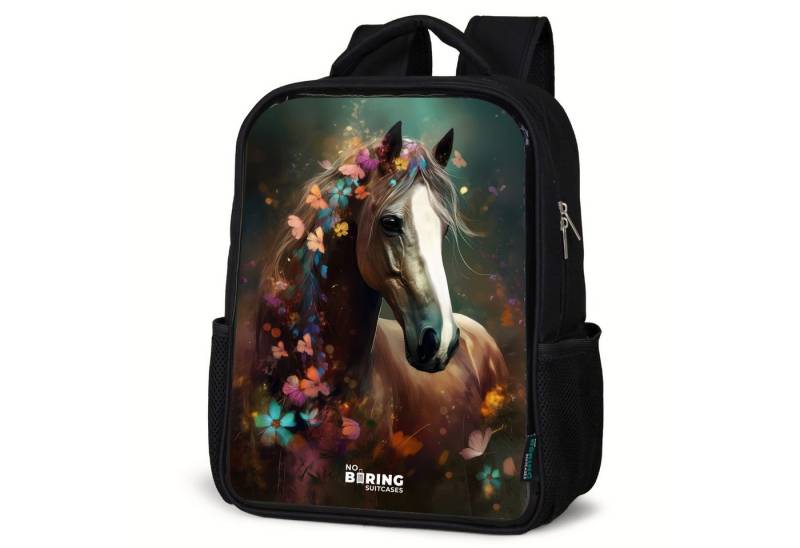 NoBoringSuitcases.com© Rucksack Pferd - Braun - Blumen - Farbenfroh, Kinderrucksack Schwarz, Schulrucksack, Freizeitrucksack Jungen Mädchen von NoBoringSuitcases.com©