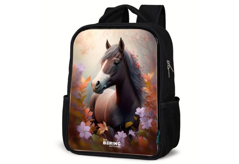 NoBoringSuitcases.com© Rucksack Pferd - Mähne - Grau - Blumen, Kinderrucksack Schwarz, Schulrucksack, Freizeitrucksack Jungen Mädchen von NoBoringSuitcases.com©