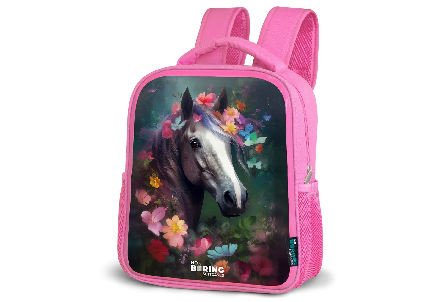 NoBoringSuitcases.com© Rucksack Pferd - Weiß - Bunt - Blumen, Kinderrucksack, Schulrucksack, Freizeitrucksack, Mädchen, Kindergarten von NoBoringSuitcases.com©
