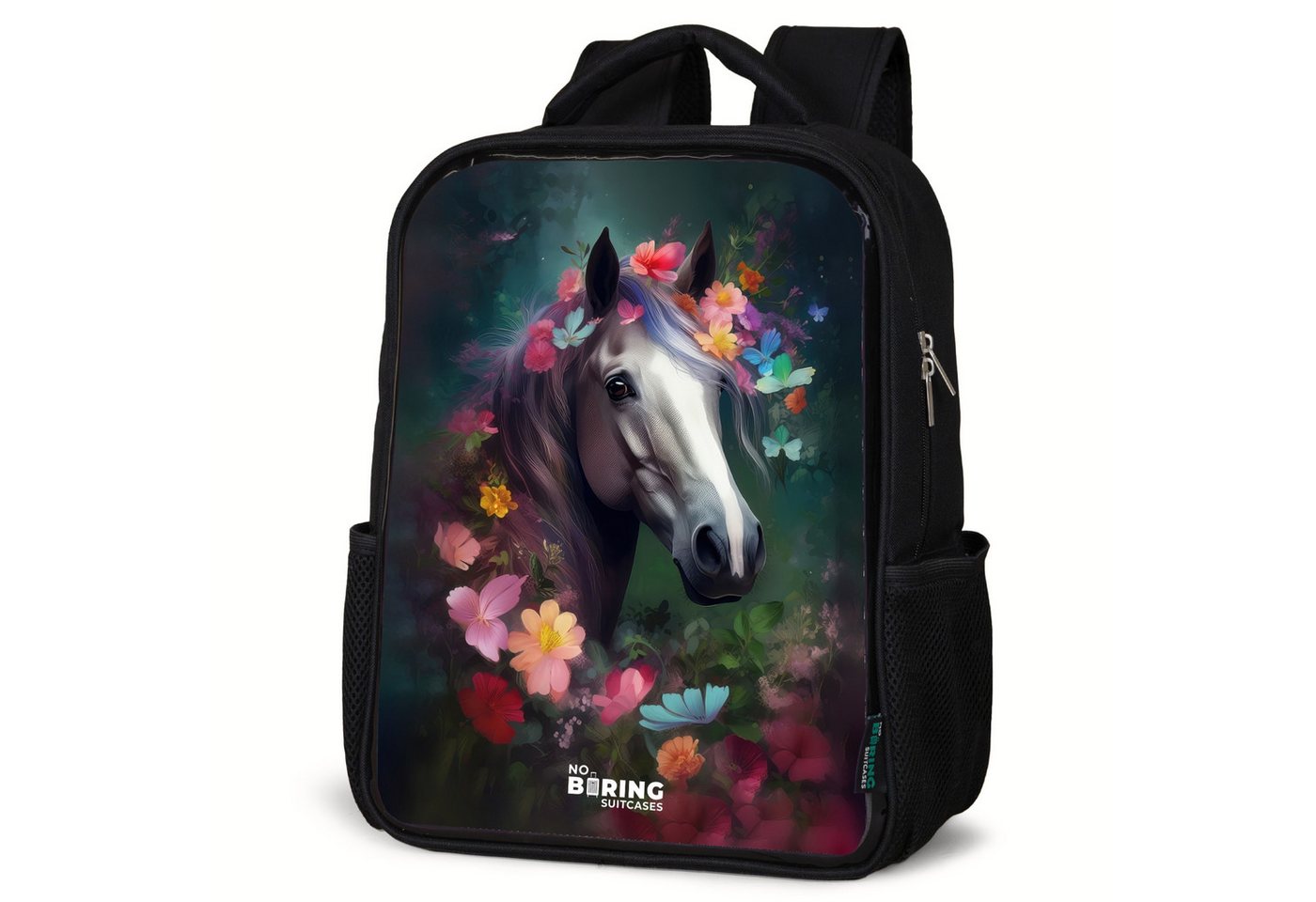 NoBoringSuitcases.com© Rucksack Pferd - Weiß - Bunt - Blumen, Kinderrucksack Schwarz, Schulrucksack, Freizeitrucksack Jungen Mädchen von NoBoringSuitcases.com©