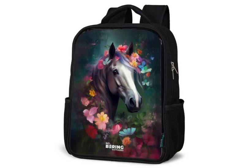 NoBoringSuitcases.com© Rucksack Pferd - Weiß - Bunt - Blumen, Kinderrucksack Schwarz, Schulrucksack, Freizeitrucksack Jungen Mädchen von NoBoringSuitcases.com©