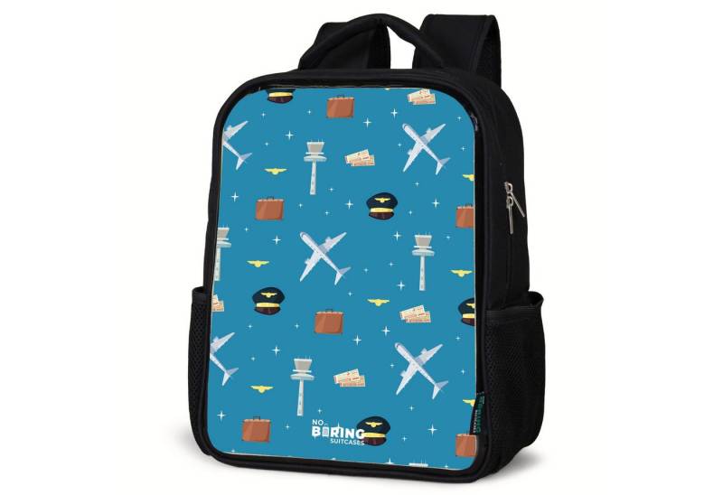 NoBoringSuitcases.com© Rucksack Thema Luftfahrt mit Flugzeugen auf blauem Hintergrund, Kinderrucksack Schwarz, Schulrucksack, Freizeitrucksack Jungen Mädchen von NoBoringSuitcases.com©