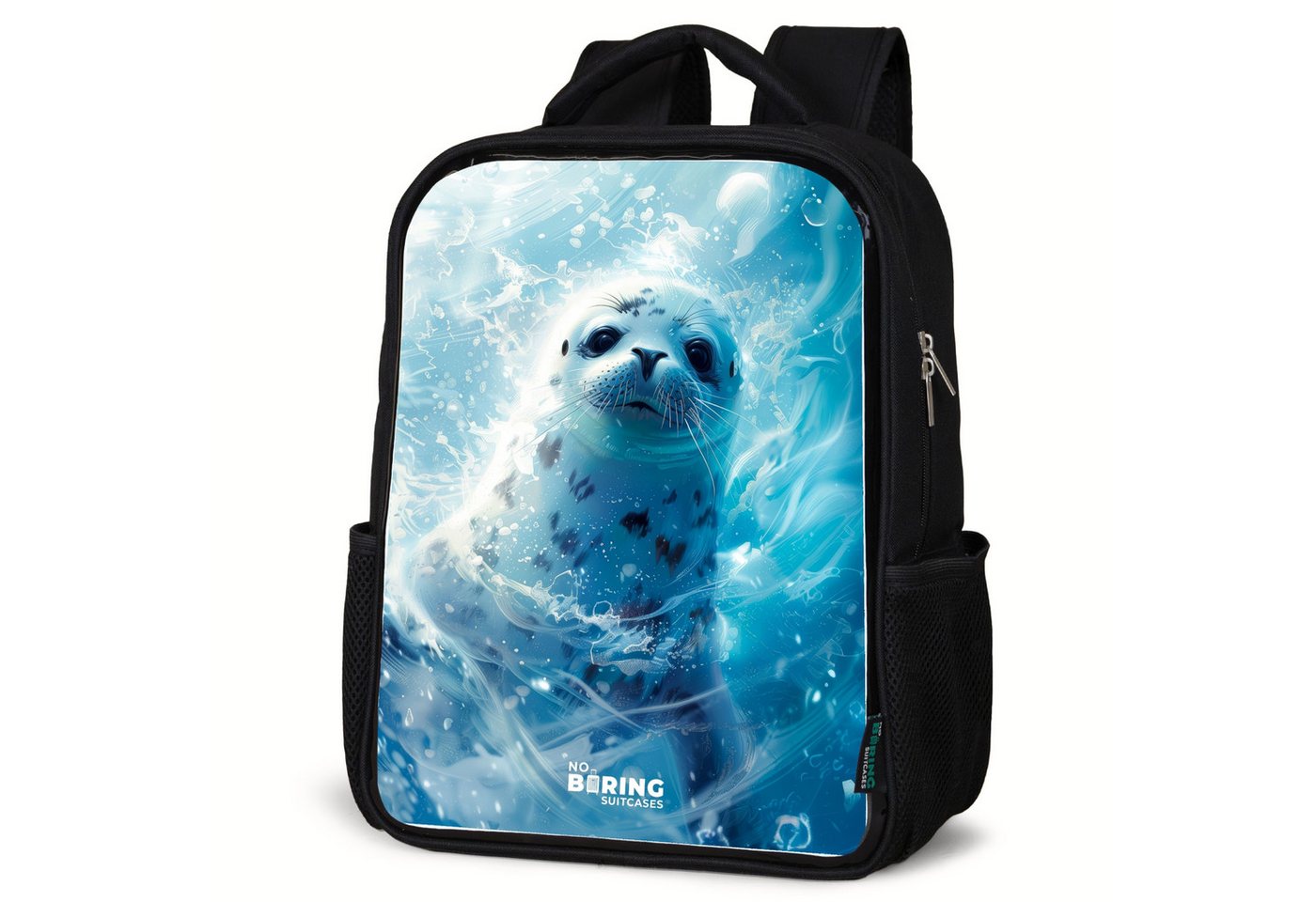 NoBoringSuitcases.com© Rucksack Weiße Robbe im Wasser, Kinderrucksack Schwarz, Schulrucksack, Freizeitrucksack Jungen Mädchen von NoBoringSuitcases.com©