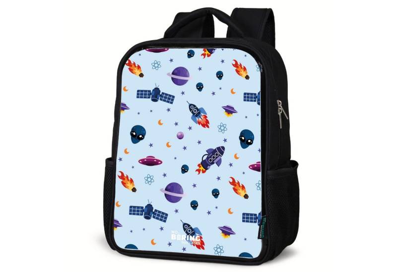 NoBoringSuitcases.com© Rucksack Weltraum- und Alien-Muster auf Hellblau, Kinderrucksack Schwarz, Schulrucksack, Freizeitrucksack Jungen Mädchen von NoBoringSuitcases.com©