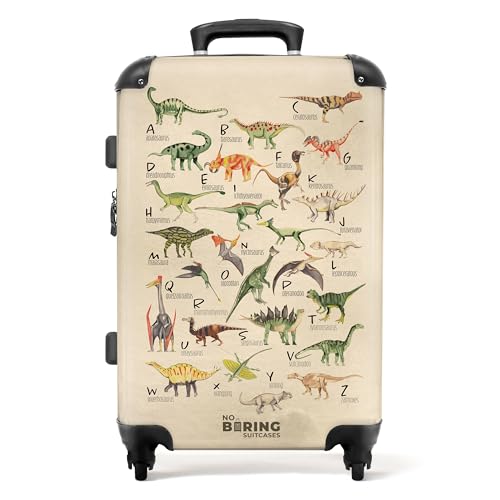 NoBoringSuitcases.com® Reisekoffer Geschenk Junge Rollkoffer Reisekoffe Trolli Suitcase Koffer Groß Kinder - Dino - Alphabet - Braun - Koffer mittelgroß, 67x43x25cm von NoBoringSuitcases.com