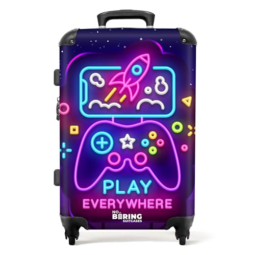 NoBoringSuitcases.com® Reisekoffer Geschenk Junge Rollkoffer Reisekoffe Trolli Suitcase Koffer Groß Kinder - Gaming - Neon - Konsole - Koffer mittelgroß, 67x43x25cm von NoBoringSuitcases.com