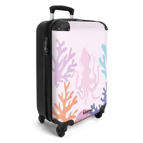 NoBoringSuitcases.com® Handgepäck Koffer Kinder 55x35x20 cm Kinderreisekoffer Kinderkoffer mit Roller Leicht Cabin Trolly Hartschalenkoffer Kind Tier - Oktopus - Pink von NoBoringSuitcases.com