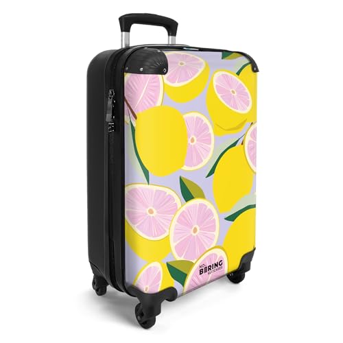 NoBoringSuitcases.com® Handgepäckskoffer Kinder 55x35x20 cm Reisekoffer Kinderkoffer 4 Rollen Leicht Koffer Cabin Trolley Hartschalenkoffer Kind Obst - Zitrone - Blätter von NoBoringSuitcases.com