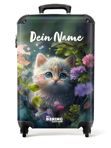 NoBoringSuitcases.com® Kinderkoffer - Koffer Kinder - Hartschalenkoffer Kätzchen - Koffer Lila Blumen - Reisekoffer - Trolley Kinder - 55x40x20 - Handgepäck - Fotokoffer - Personalisiert von NoBoringSuitcases.com