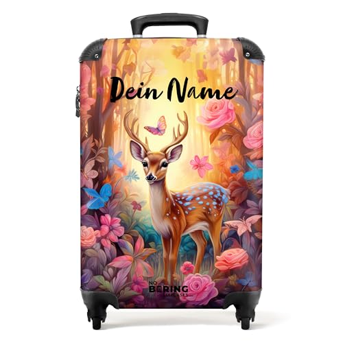 NoBoringSuitcases.com® Kinderkoffer Mädchen - Koffer Kinder Mädchen - Kleines REH mit Blumen - Kinder Koffer Madchen - Trolley - Kinder Trolley Mädchen - 55x40x20 - Fotokoffer - Personalisiert von NoBoringSuitcases.com