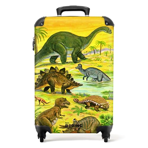 NoBoringSuitcases.com® Kinderkoffer Kinder Koffer Jungs Trolley Handgepäck Carry on Luggage Geschenke - Dino - Illustration - Gelb - Koffer Kinder Jungen, 55x40x20 von NoBoringSuitcases.com