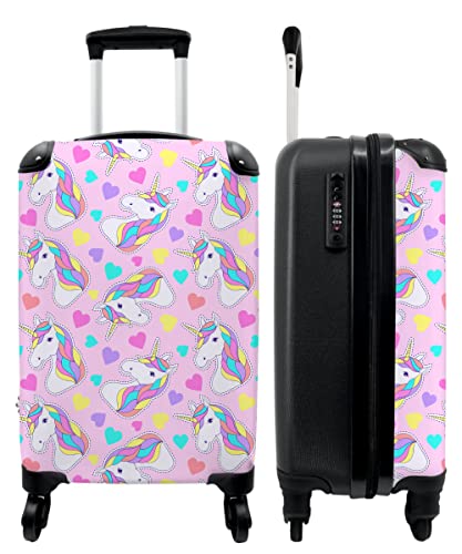 NoBoringSuitcases.com® Reisekoffer Kinder Mädchen Handgepäck Koffer Klein Hartschalenkoffer Pink - Mit Muster - Einhorn - Herz - 55x35x20cm von NoBoringSuitcases.com