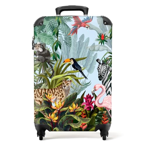 NoBoringSuitcases.com® Koffer Handgepäck Trolley Rollkoffer Kleine Reisekoffer mit 4 Rollen - Dschungel - Natur - Jungen - Mädchen - Kinder - Zebra - Flamingo - 55x35x20cm - Fotokoffer - Boardgepäck von NoBoringSuitcases.com