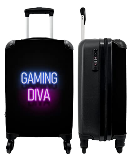 NoBoringSuitcases.com® Koffer Handgepäck Trolley Rollkoffer Kleine Reisekoffer mit 4 Rollen - Gaming - Zitate - Neon - Gaming-Diva - Frauen - 55x35x20cm - Fotokoffer - Kabinenkoffer - Boardgepäck von NoBoringSuitcases.com