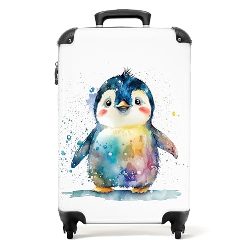 NoBoringSuitcases.com® Koffer Handgepäck Trolley Rollkoffer Kleine Reisekoffer mit 4 Rollen - Pinguin - Regenbogen - Aquarell - Tiere - Kinder - 55x35x20cm - Fotokoffer - Kabinenkoffer - Boardgepäck von NoBoringSuitcases.com