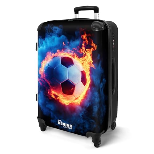 NoBoringSuitcases.com® Koffer Kinder Groß 67x43x25 cm Kinderreisekoffer Kinderkoffer mit Roller Leicht Trolly Große M Hartschalenkoffer Kind Fußball - Feuer - EIS von NoBoringSuitcases.com