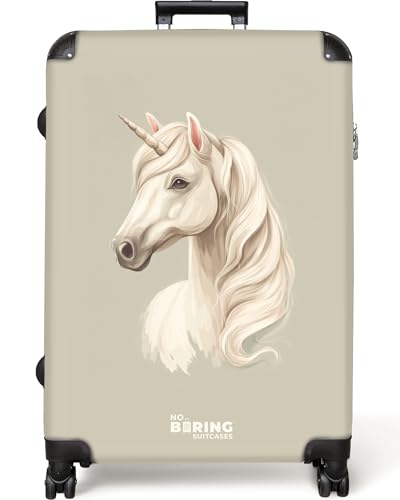 NoBoringSuitcases.com® Koffer Kinder Groß 77x51.5x28 cm Reisekoffer Kinderkoffer 4 Rollen Leicht Kindertrolley XXL Reise Hartschalenkoffer Einhorn - Weiß - Beige von NoBoringSuitcases.com
