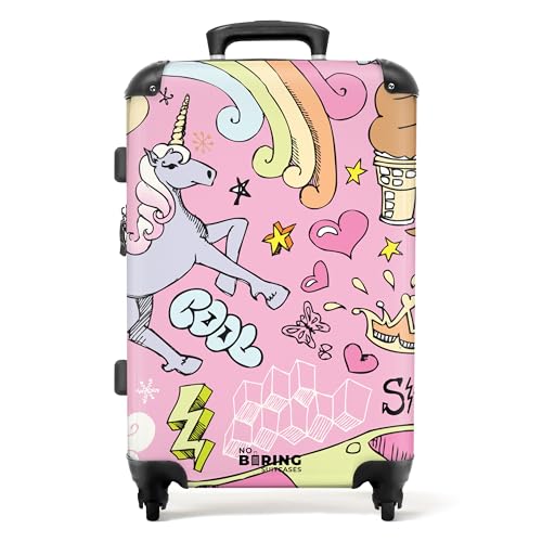 NoBoringSuitcases.com® Reisekoffer Koffer Mädchen Gepäckkoffer Cabin Bag Suitcases Geschenk - Kinder - Einhorn - Regenbogen - Rosa - Koffer mittelgroß, 67x43x25cm von NoBoringSuitcases.com