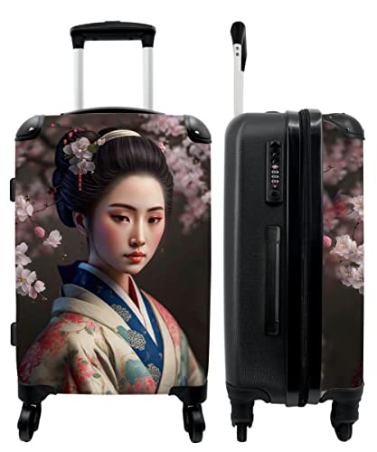 NoBoringSuitcases.com® Koffer groß Trolley Rollkoffer Reisekoffer mit 4 Rollen Fotokoffer - Frau - Sakura - Kimono - Asiatisch - Porträt - 67x43x25cm - 90 Liter von NoBoringSuitcases.com