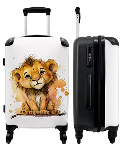 NoBoringSuitcases.com® Koffer groß Trolley Rollkoffer Reisekoffer mit 4 Rollen Fotokoffer - Löwe - Aquarell - Braun - Tiere - Mädchen - Jungen - 67x43x25cm - 90 Liter von NoBoringSuitcases.com