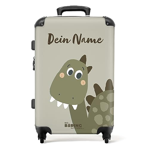 NoBoringSuitcases.com® Koffer personalisiert, 67x43x25cm - Reisekoffer - Kinderkoffer, Kinder Koffer Jungs - Hartschalenkoffer - Fröhlicher Dinosaurier - Mittelgroß mit Rollen - Koffer mit Namen von NoBoringSuitcases.com