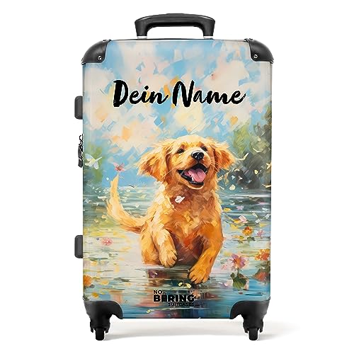 NoBoringSuitcases.com® Koffer personalisiert, Kinder Koffer, 67x43x25cm - Reisekoffer Kinder, Koffer hartschale - Hartschalenkoffer - Hund im bunten Wasser - Mittelgroß mit Rollen- Koffer mit Namen von NoBoringSuitcases.com