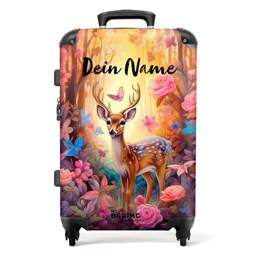 NoBoringSuitcases.com® Koffer personalisiert, Kinder Koffer, 67x43x25cm - Reisekoffer Kinder, Koffer hartschale - Hartschalenkoffer - Kleines REH mit Blumen - Mittelgroß mit Rollen - Koffer mit Namen von NoBoringSuitcases.com