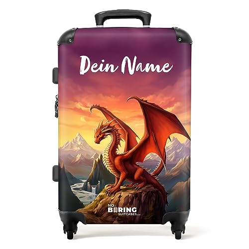 NoBoringSuitcases.com® Koffer personalisiert, Kinder reisekoffer, 67x43x25cm - Kinder Koffer, Rollkoffer Kinder - Hartschalenkoffer - Drache auf einem Berg - Mittelgroß mit Rollen- Koffer mit Namen von NoBoringSuitcases.com