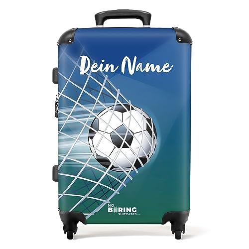 NoBoringSuitcases.com® Koffer personalisiert, Kinderkoffer, 67x43x25cm - Kinder reisekoffer, Rollkoffer - Hartschalenkoffer - Fußball Blau - Grün - Mittelgroß mit Rollen- Leicht - Koffer mit Namen von NoBoringSuitcases.com