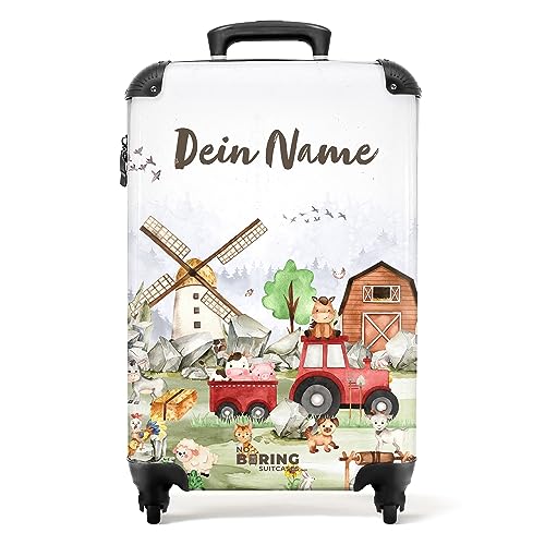 NoBoringSuitcases.com® Koffer personalisiert, Kinderkoffer - 55x40x20cm Handgepäck Trolley, Kinderkoffer Jungen - Kindertrolley - Bauernhoftiere - Leicht - Koffer mit Namen Initialen Fotokoffer von NoBoringSuitcases.com