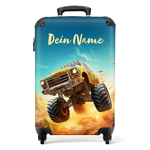 NoBoringSuitcases.com® Koffer personalisiert, Kinderkoffer - 55x40x20cm Handgepäck Trolley, Kindertrolley Jungen - Kinder Trolley- Monstertruck - Leicht - Koffer mit Namen Initialen von NoBoringSuitcases.com