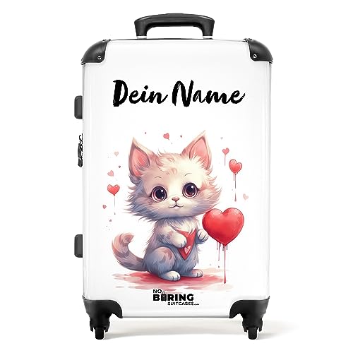 NoBoringSuitcases.com® Koffer personalisiert, Reisekoffer Kinder, 67x43x25cm - Koffer Kinder, Kinderreisekoffer - Hartschalenkoffer - Kätzchen mit Herzchen - Mittelgroß mit Rollen - Koffer mit Namen von NoBoringSuitcases.com