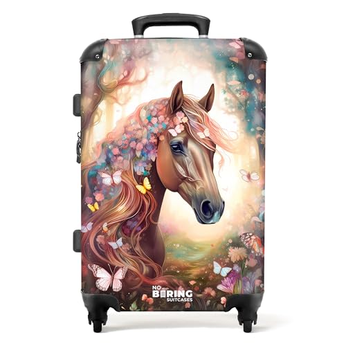 NoBoringSuitcases.com® Reisekoffer Kinder Koffer mädchen Leicht Reisetrolley mit Rollen Gepäck Pferd - Blumen - Schmetterlinge - Kindergepäck Koffer mittelgroß, 67x43x25cm von NoBoringSuitcases.com