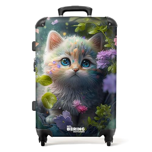 NoBoringSuitcases.com® Reisekoffer mit Rollen Koffer groß Kinderkoffer Mädchen Hartschalenkoffer - Kätzchen - Blumen - Wald - Illustration - Katze - Koffer mittelgroß, 67x43x25cm von NoBoringSuitcases.com