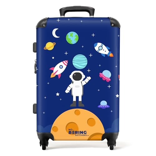 NoBoringSuitcases.com © Kinderkoffer Koffer Kinder Reisekoffer Kindergepäck 4 Rollen, TSA Schloss (Astronaut umgeben von Planeten und Raketen), (Mittelgroß 67x43x25 cm) von NoBoringSuitcases.com