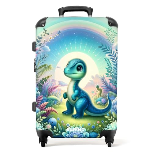 NoBoringSuitcases.com © Kinderkoffer Koffer Kinder Reisekoffer Kindergepäck 4 Rollen, TSA Schloss (Blauer Dino inmitten von Blumen und Pflanzen), (Mittelgroß 67x43x25 cm) von NoBoringSuitcases.com