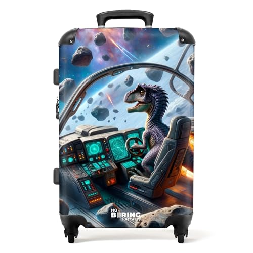 NoBoringSuitcases.com © Kinderkoffer Koffer Kinder Reisekoffer Kindergepäck 4 Rollen, TSA Schloss (Blauer Dinosaurier steuert eine Rakete), (Mittelgroß 67x43x25 cm) von NoBoringSuitcases.com