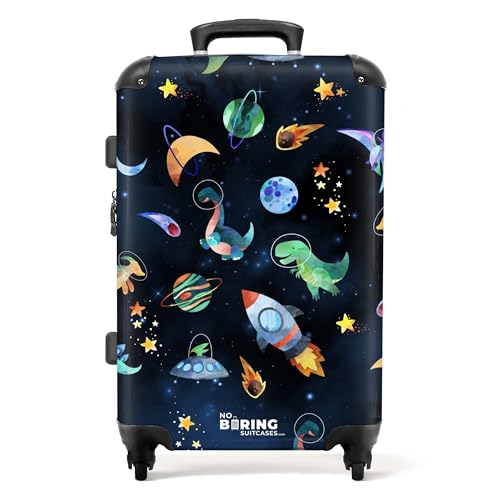 NoBoringSuitcases.com © Kinderkoffer Koffer Kinder Reisekoffer Kindergepäck 4 Rollen, TSA Schloss (Bunte Zeichnung von Dinos, UFOs und Sternen), (Mittelgroß 67x43x25 cm) von NoBoringSuitcases.com