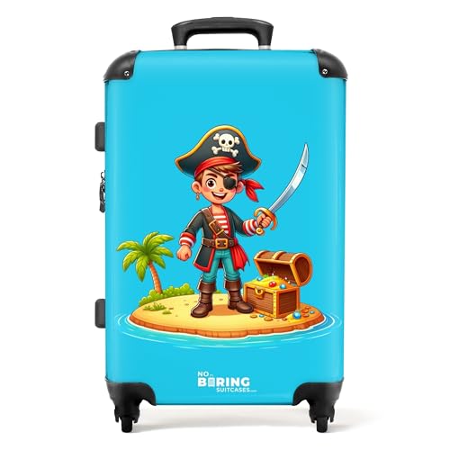 NoBoringSuitcases.com © Kinderkoffer Koffer Kinder Reisekoffer Kindergepäck 4 Rollen, TSA Schloss (Cooler Pirat mit Schwert und Schatzkiste), (Mittelgroß 67x43x25 cm) von NoBoringSuitcases.com