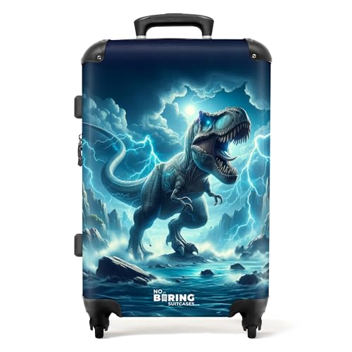 NoBoringSuitcases.com © Kinderkoffer Koffer Kinder Reisekoffer Kindergepäck 4 Rollen, TSA Schloss (Illustration eines Dinos in Blautönen), (Mittelgroß 67x43x25 cm) von NoBoringSuitcases.com