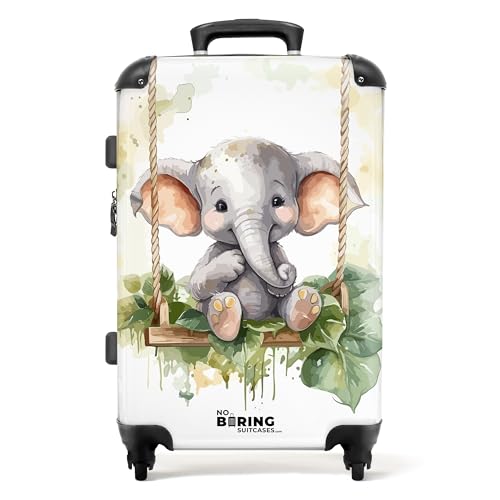 NoBoringSuitcases.com © Kinderkoffer Koffer Kinder Reisekoffer Kindergepäck 4 Rollen, TSA Schloss (Junges Elefantenbaby auf Einer Schaukel Aquarellzeichnung), (Mittelgroß 67x43x25 cm) von NoBoringSuitcases.com