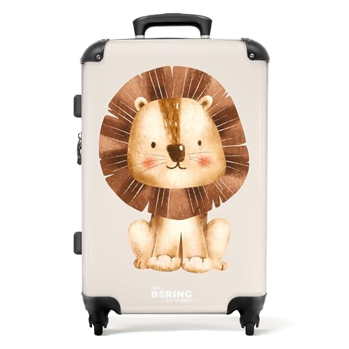 NoBoringSuitcases.com © Kinderkoffer Koffer Kinder Reisekoffer Kindergepäck 4 Rollen, TSA Schloss (Löwenillustration mit beige Hintergrund), (Mittelgroß 67x43x25 cm) von NoBoringSuitcases.com