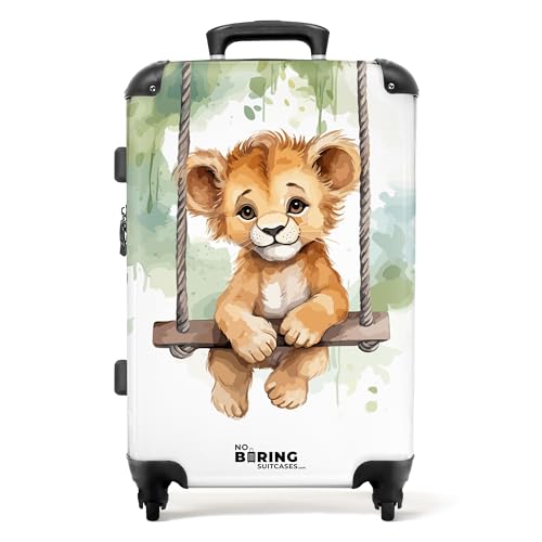 NoBoringSuitcases.com © Kinderkoffer Koffer Kinder Reisekoffer Kindergepäck 4 Rollen, TSA Schloss (Löwenjunges mit Schaukel Illustration), (Mittelgroß 67x43x25 cm) von NoBoringSuitcases.com