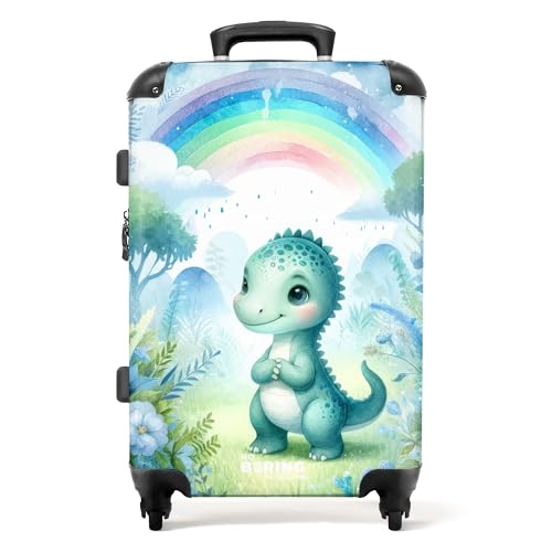 NoBoringSuitcases.com © Kinderkoffer Koffer Kinder Reisekoffer Kindergepäck 4 Rollen, TSA Schloss (Niedlicher Blauer Dino umgeben von Blauer Natur), (Mittelgroß 67x43x25 cm) von NoBoringSuitcases.com