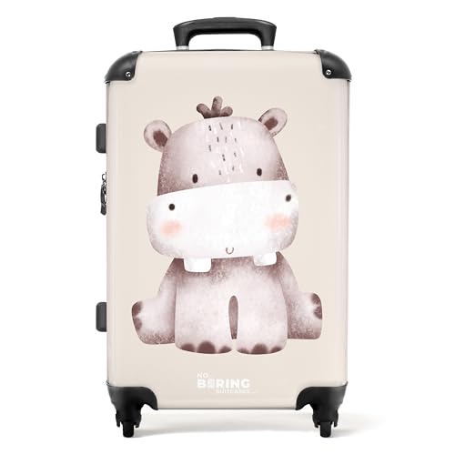 NoBoringSuitcases.com © Kinderkoffer Koffer Kinder Reisekoffer Kindergepäck 4 Rollen, TSA Schloss (Nilpferd auf beige Hintergrund Illustration), (Mittelgroß 67x43x25 cm) von NoBoringSuitcases.com