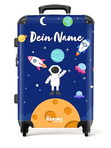 NoBoringSuitcases.com © Kinderkoffer Koffer Kinder Reisekoffer Kindergepäck 4 Rollen, TSA Schloss (Personalisiert: Astronaut umgeben von Planeten und Raketen), (Mittelgroß 67x43x25 cm) von NoBoringSuitcases.com