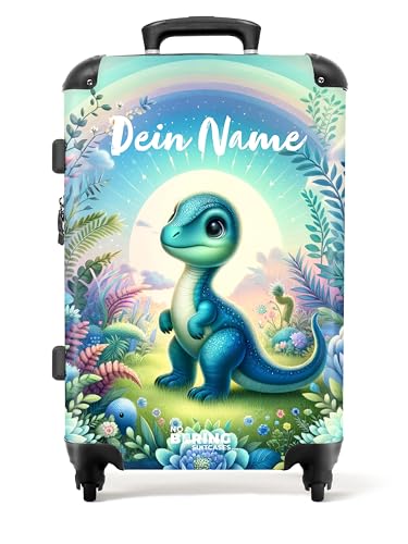 NoBoringSuitcases.com © Kinderkoffer Koffer Kinder Reisekoffer Kindergepäck 4 Rollen, TSA Schloss (Personalisiert: Blauer Dino inmitten von Blumen und Pflanzen), (Mittelgroß 67x43x25 cm) von NoBoringSuitcases.com