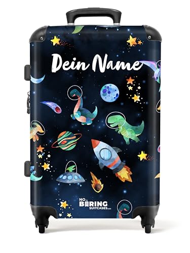 NoBoringSuitcases.com © Kinderkoffer Koffer Kinder Reisekoffer Kindergepäck 4 Rollen, TSA Schloss (Personalisiert: Bunte Zeichnung von Dinos, UFOs und Sternen), (Mittelgroß 67x43x25 cm) von NoBoringSuitcases.com